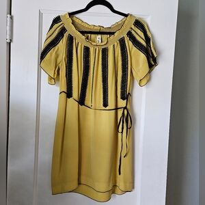 Anthropologie Floreat Yellow Silk Mini Dress with Black Lace Accents Sz 4